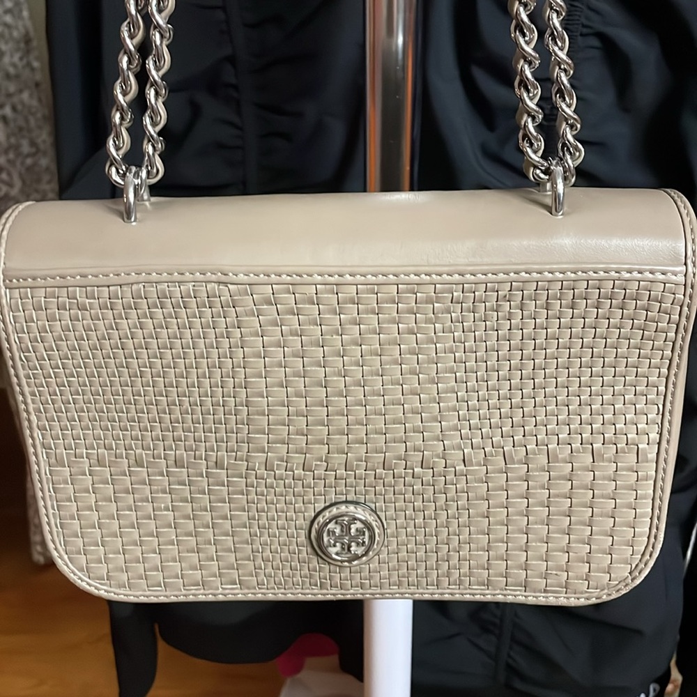 Tory Burch Woven Leather Crossbody Bag in Beige Cream with Silver Chain